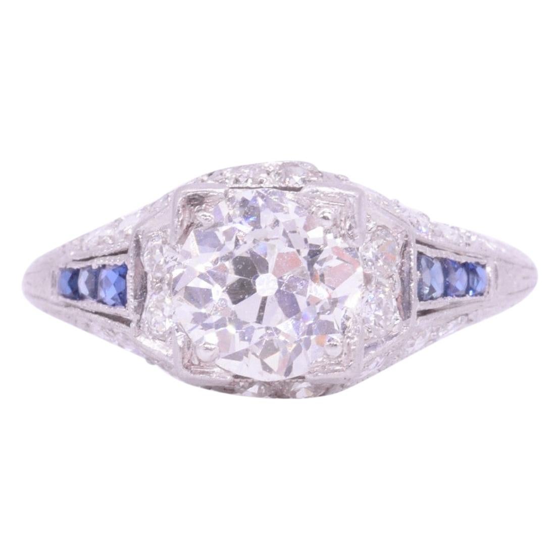 Art Deco 1.04 Carat Old European Cut Diamond and Sapphire Ring, circa 1920s