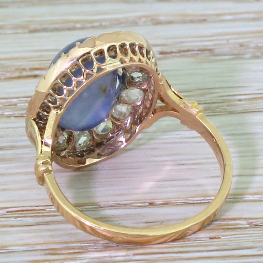 Women's Art Deco 10.45 Carat Star Sapphire and Rose Cut Diamond Ring For Sale