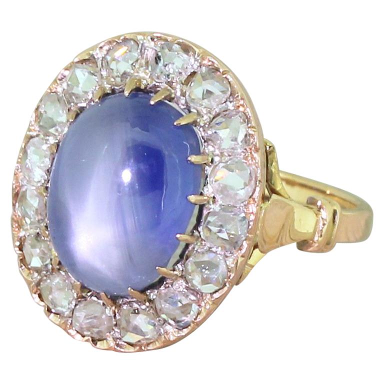 Art Deco 10.45 Carat Star Sapphire and Rose Cut Diamond Ring For Sale