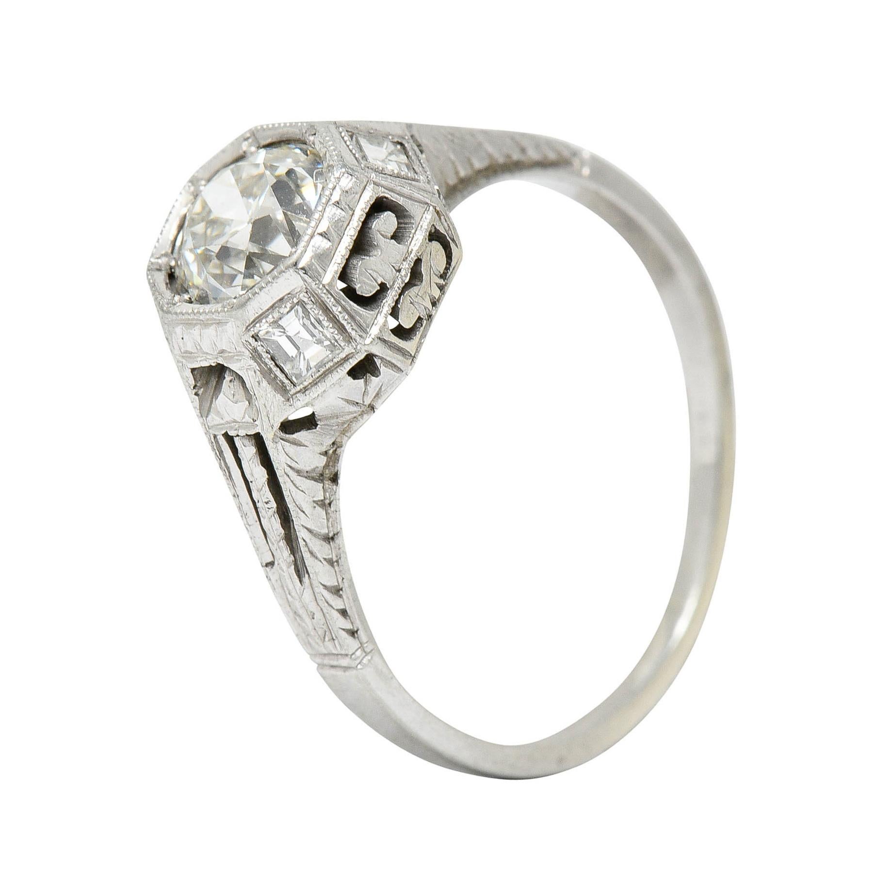 Art Deco 1.05 Carat Diamond 18 Karat White Gold Foliate Engagement Ring 4