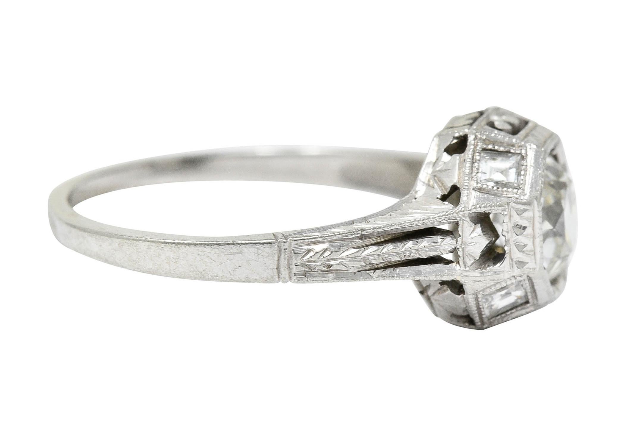 Old European Cut Art Deco 1.05 Carat Diamond 18 Karat White Gold Foliate Engagement Ring