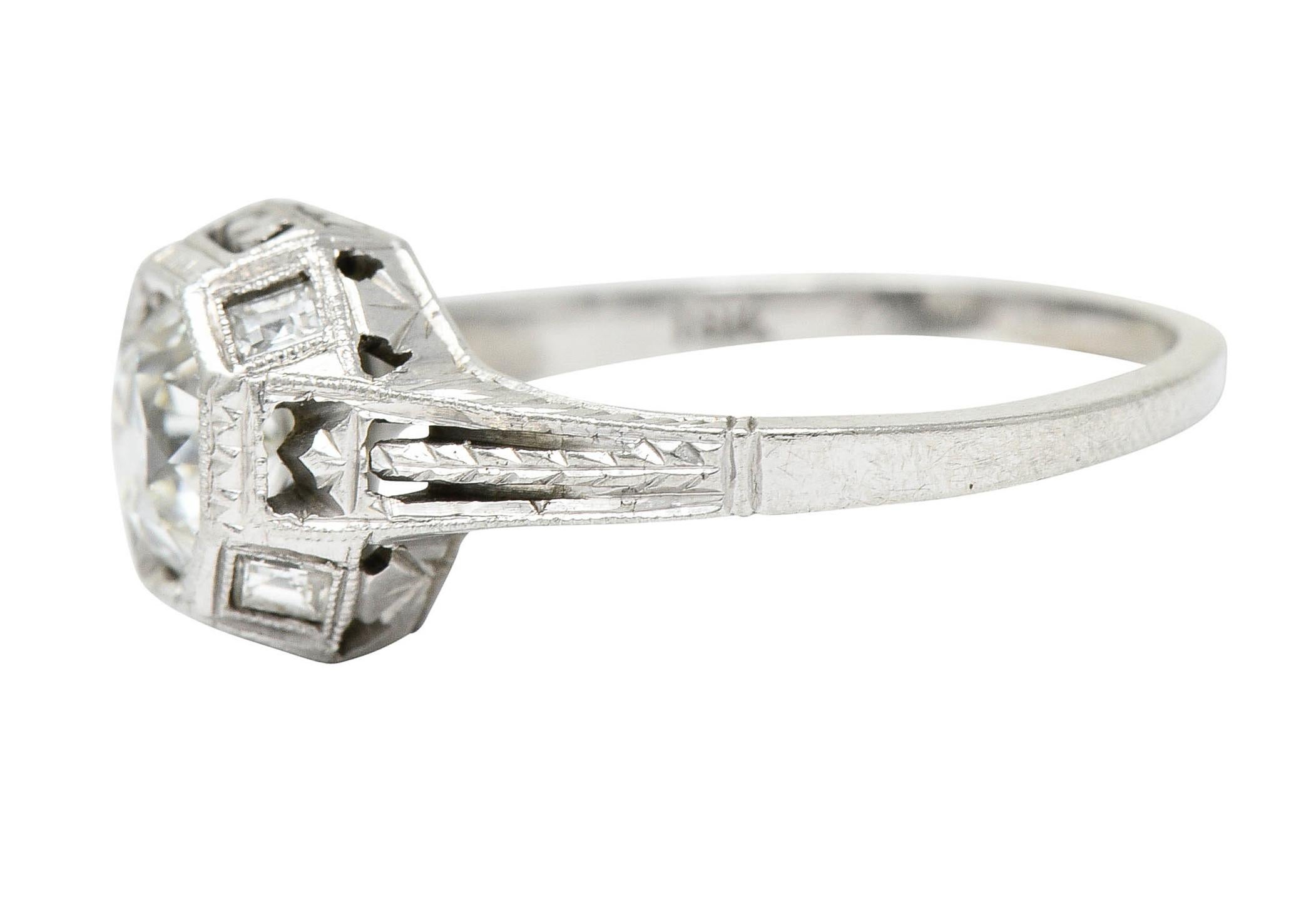 Women's or Men's Art Deco 1.05 Carat Diamond 18 Karat White Gold Foliate Engagement Ring