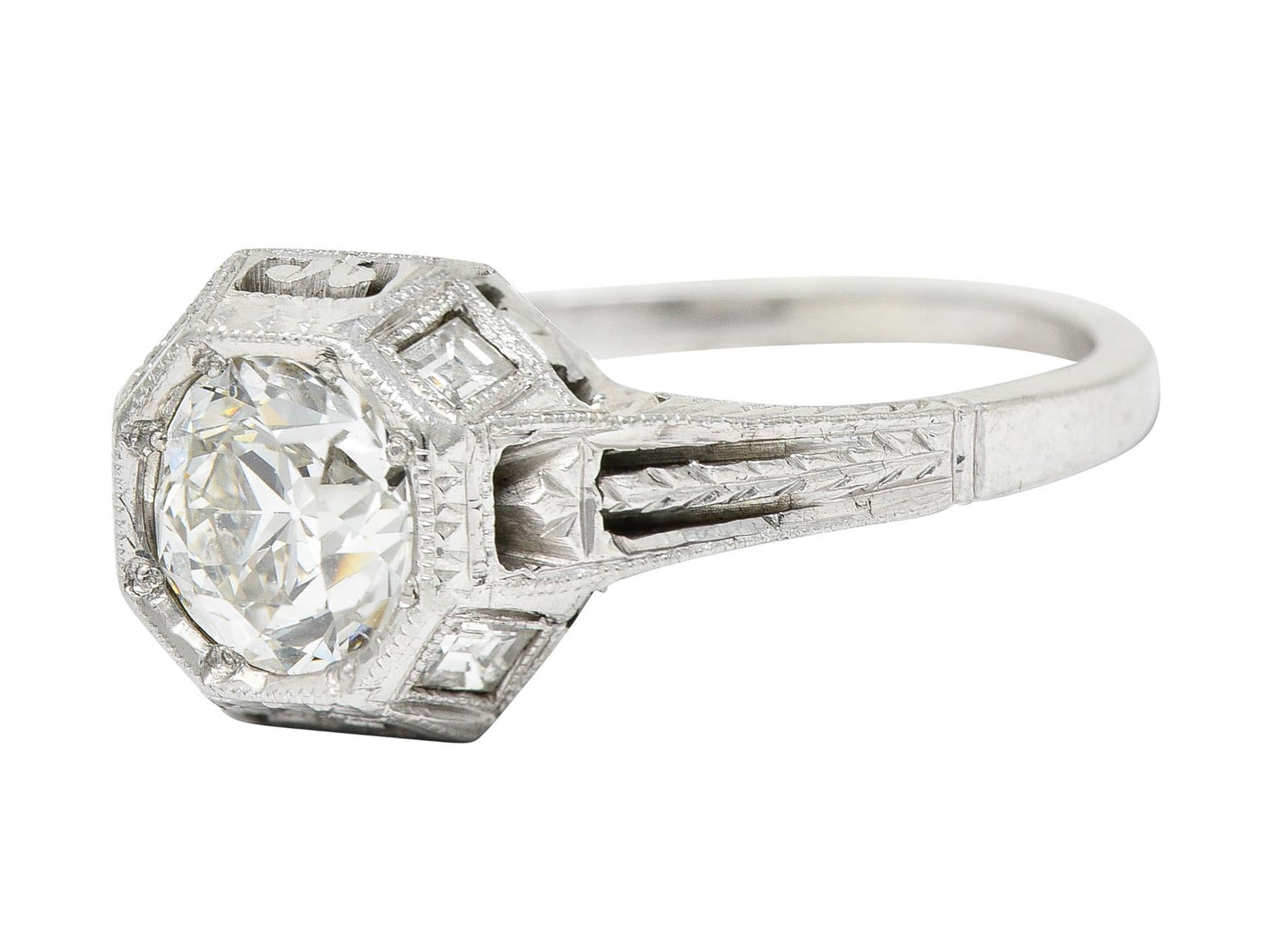 Art Deco 1.05 Carat Diamond 18 Karat White Gold Foliate Engagement Ring 1