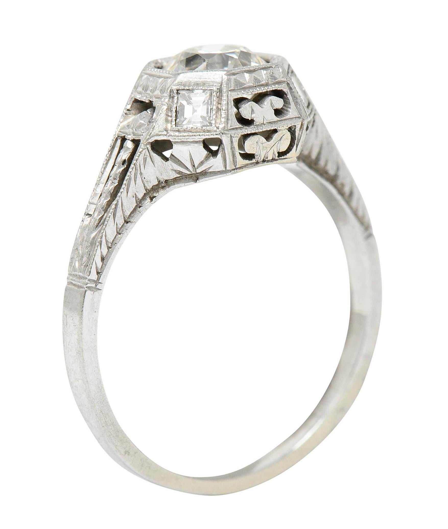 Art Deco 1.05 Carat Diamond 18 Karat White Gold Foliate Engagement Ring 2
