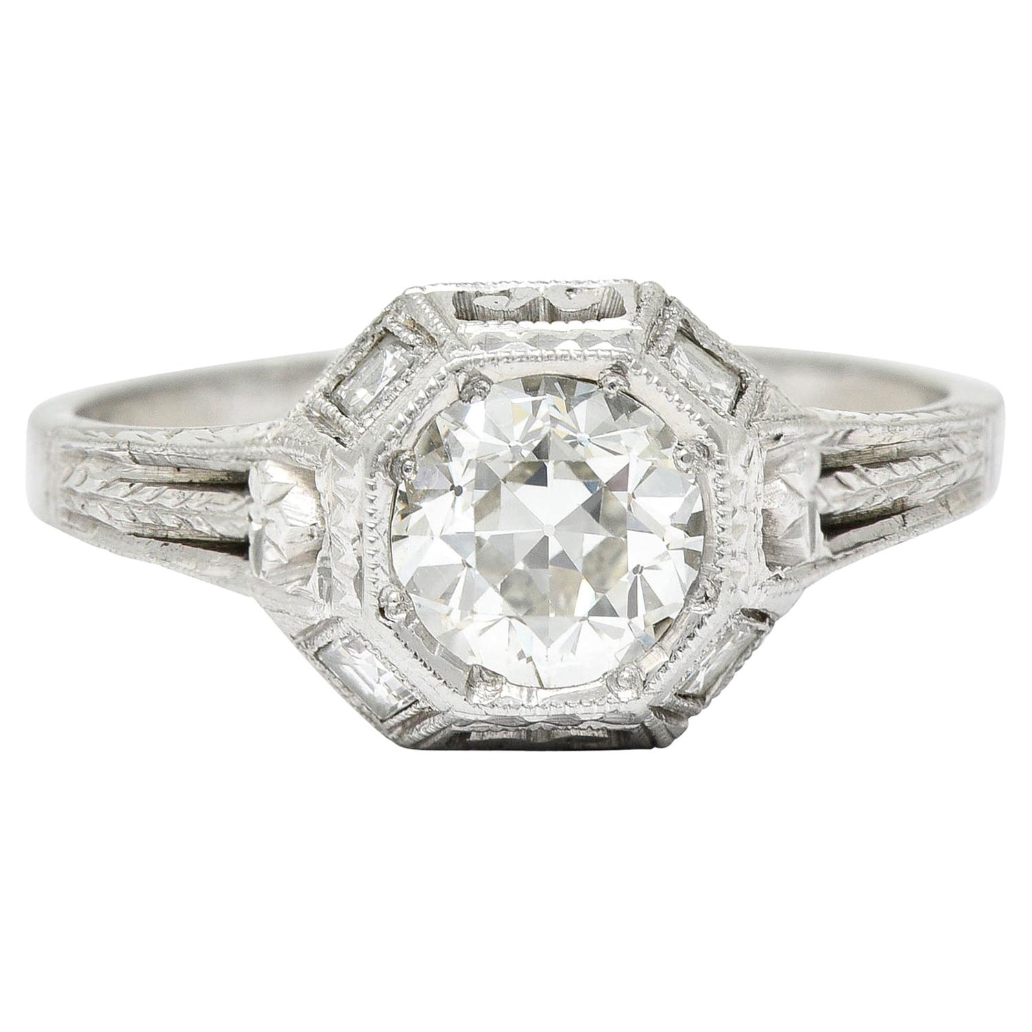 Art Deco 1.05 Carat Diamond 18 Karat White Gold Foliate Engagement Ring