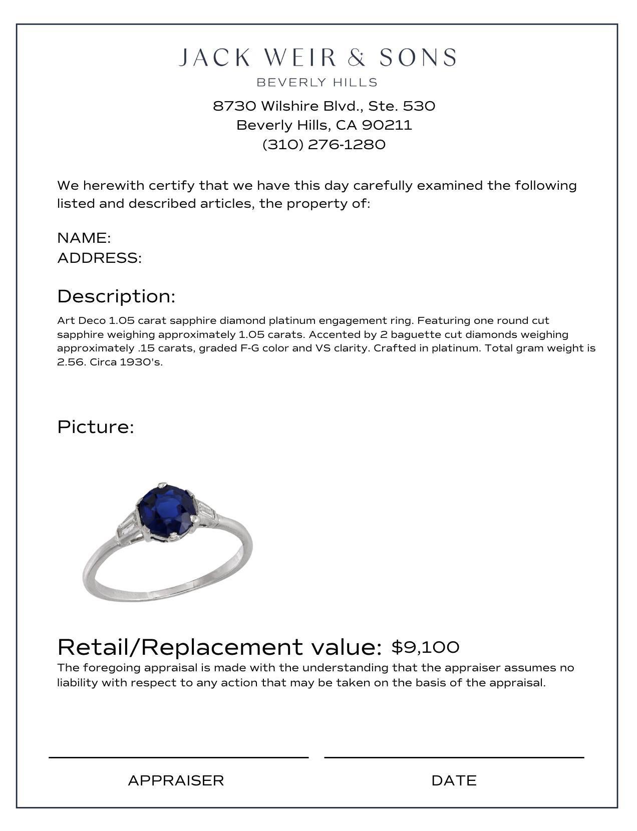 Art Déco 1,05 quilates zafiro diamante platino anillo de compromiso en Bueno estado para la venta en Beverly Hills, CA