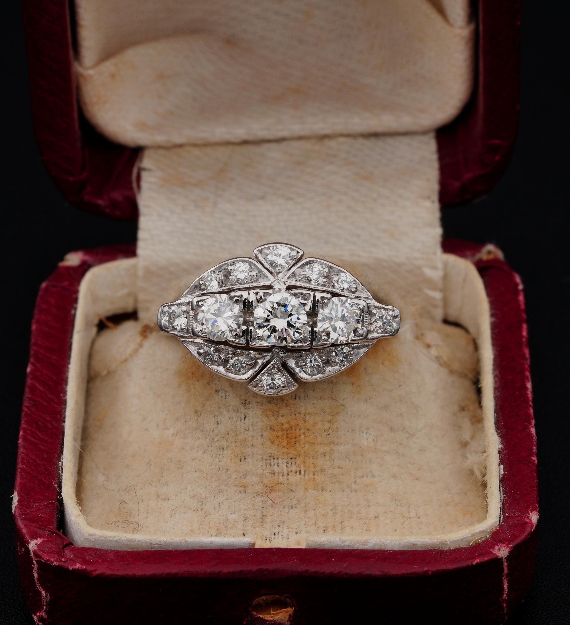 Dazzling rare Boat or Navette ring
This outstanding Art Deco period rare navette ring catches the eyes with enormous sparkle
Distinctive in a skilfully hand created horizontal navette design, with a trio of larger Diamond set in the middle slightly