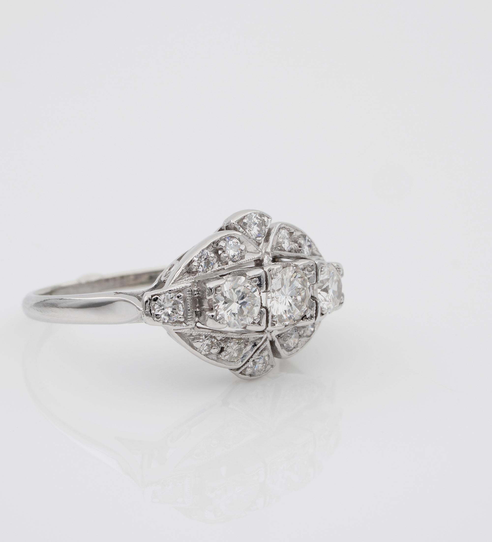 Brilliant Cut Art Deco 1.05 Ct Diamond G VVS 18 Kt Platinum Navette Ring For Sale