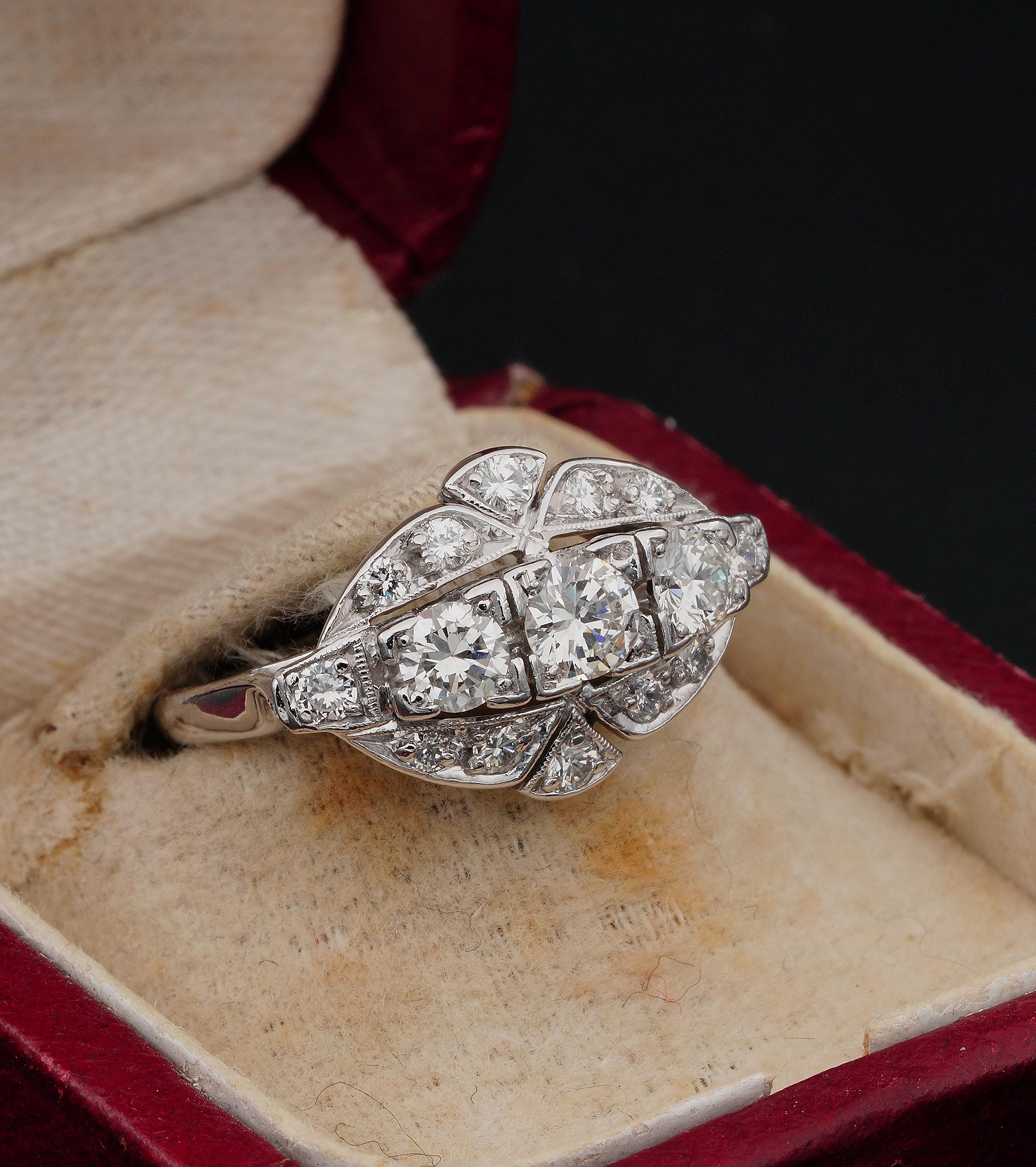 Art Deco 1.05 Ct Diamond G VVS 18 Kt Platinum Navette Ring In Good Condition For Sale In Napoli, IT