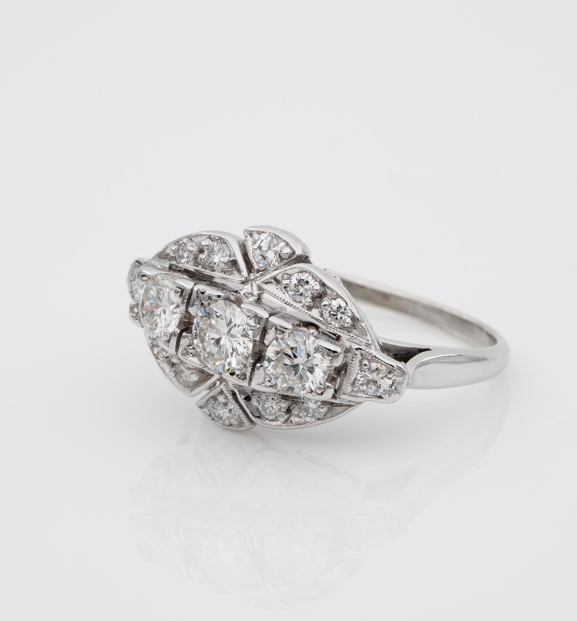 Women's or Men's Art Deco 1.05 Ct Diamond G VVS 18 Kt Platinum Navette Ring For Sale