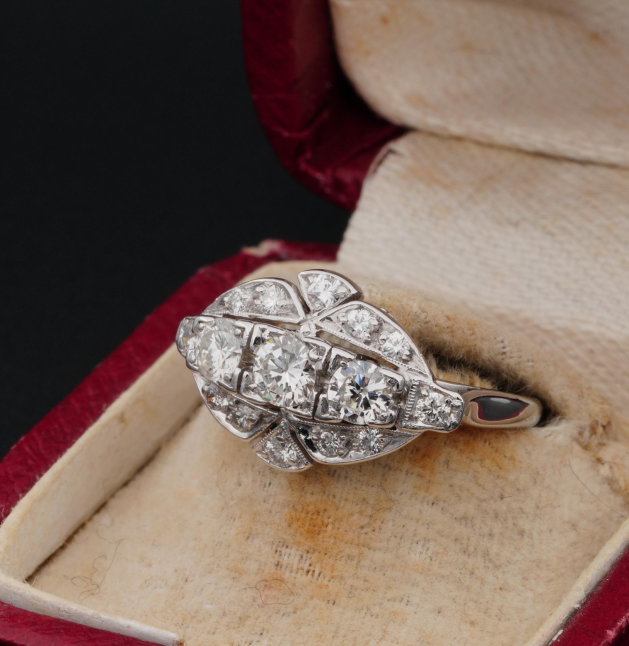 Art Deco 1.05 Ct Diamond G VVS 18 Kt Platinum Navette Ring For Sale 1