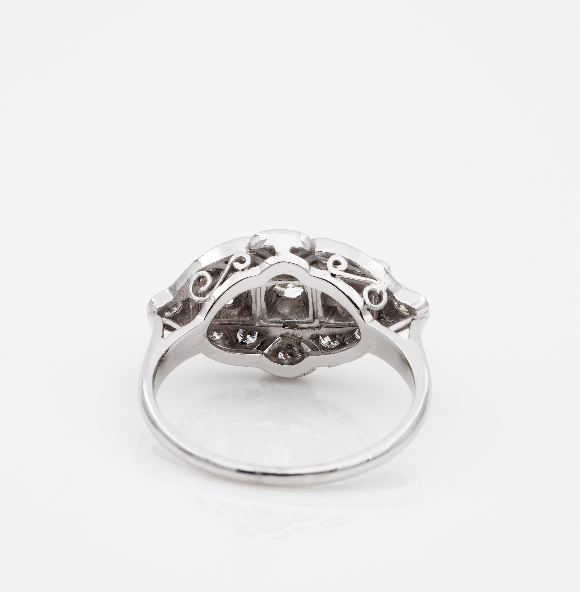 Art Deco 1.05 Ct Diamond G VVS 18 Kt Platinum Navette Ring For Sale 3
