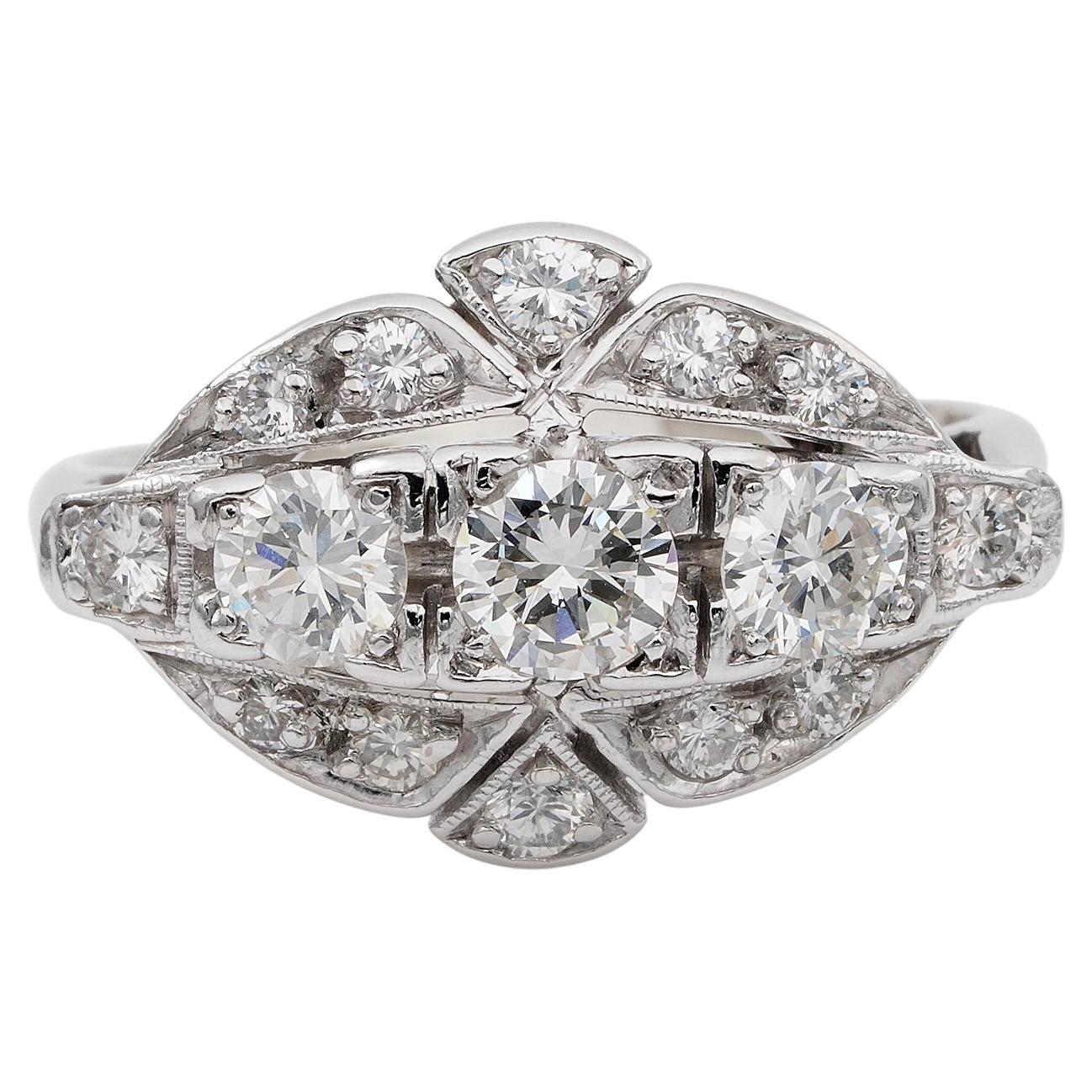 Art Deco 1.05 Ct Diamond G VVS 18 Kt Platinum Navette Ring For Sale