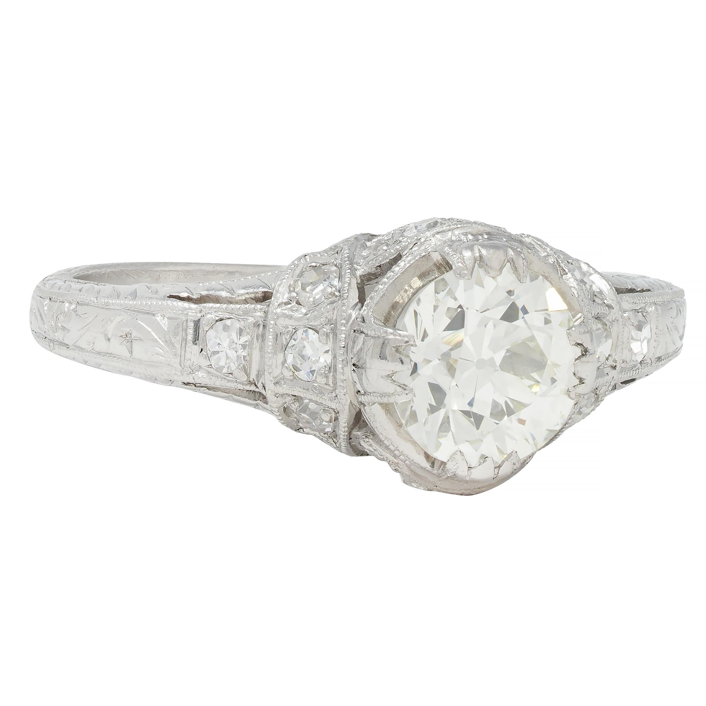 Art Deco 1.05 CTW Old European Cut Diamond Platinum Engagement Ring In Excellent Condition In Philadelphia, PA