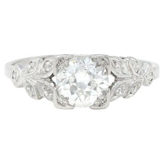 Bague de fiançailles Art Déco 1.05 ct. pt. diamant européen ancien platine feuillage vintage