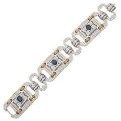Bracelet Art déco en or 18 carats avec diamants ronds brillants de 10,50 carats et saphirs bleus