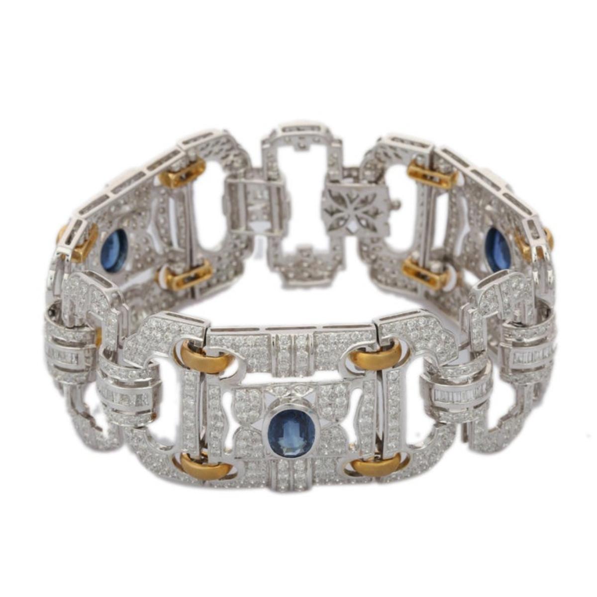 Art Deco 10.50 Carat Round Brilliant Diamond and Blue Sapphire 18k Gold Bracelet For Sale 2