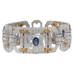 Art Decó 10,50 Quilates Diamante Brillante Redondo y Zafiro Azul Pulsera de Oro de 18k