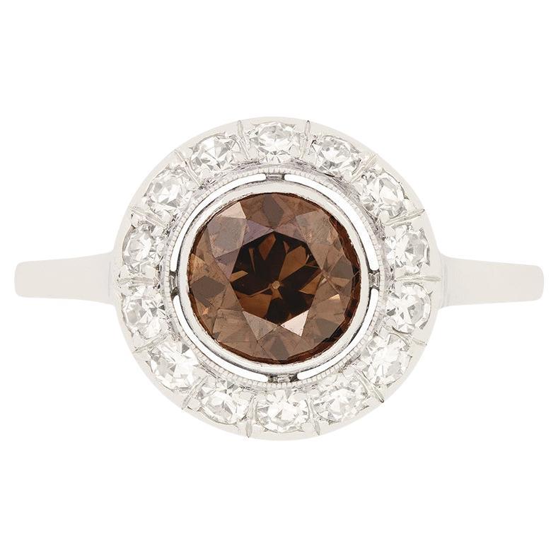 Art Deco 1.05ct Cognac Diamond Halo Ring, c.1920s For Sale