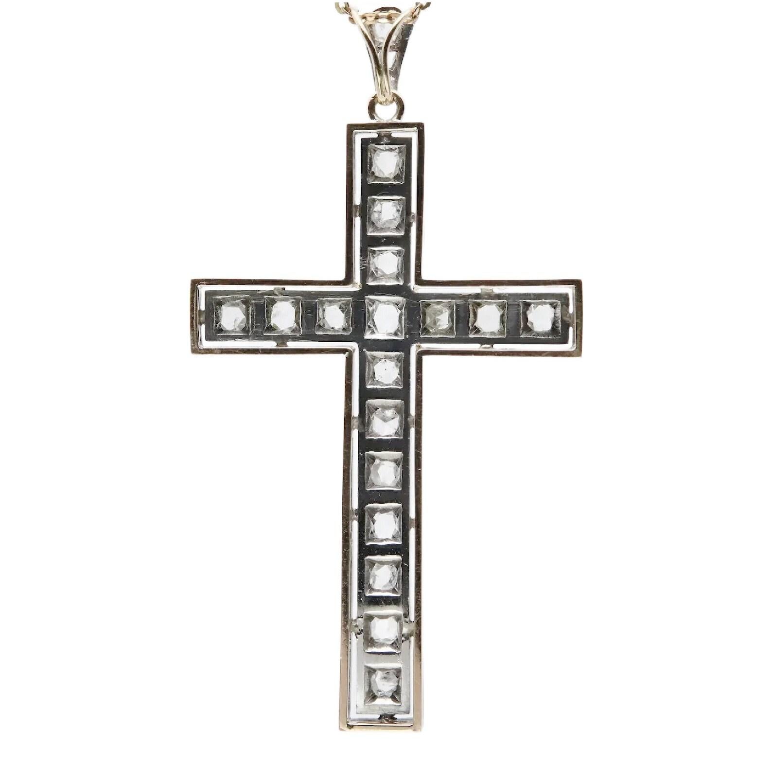Art Deco 1.05ctw Rose Cut Diamond Cross in Platinum, 14K Gold In Good Condition For Sale In Boston, MA