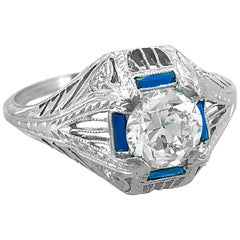 Art Deco 1.06 Carat Diamond and Sapphire Antique Engagement Ring Platinum