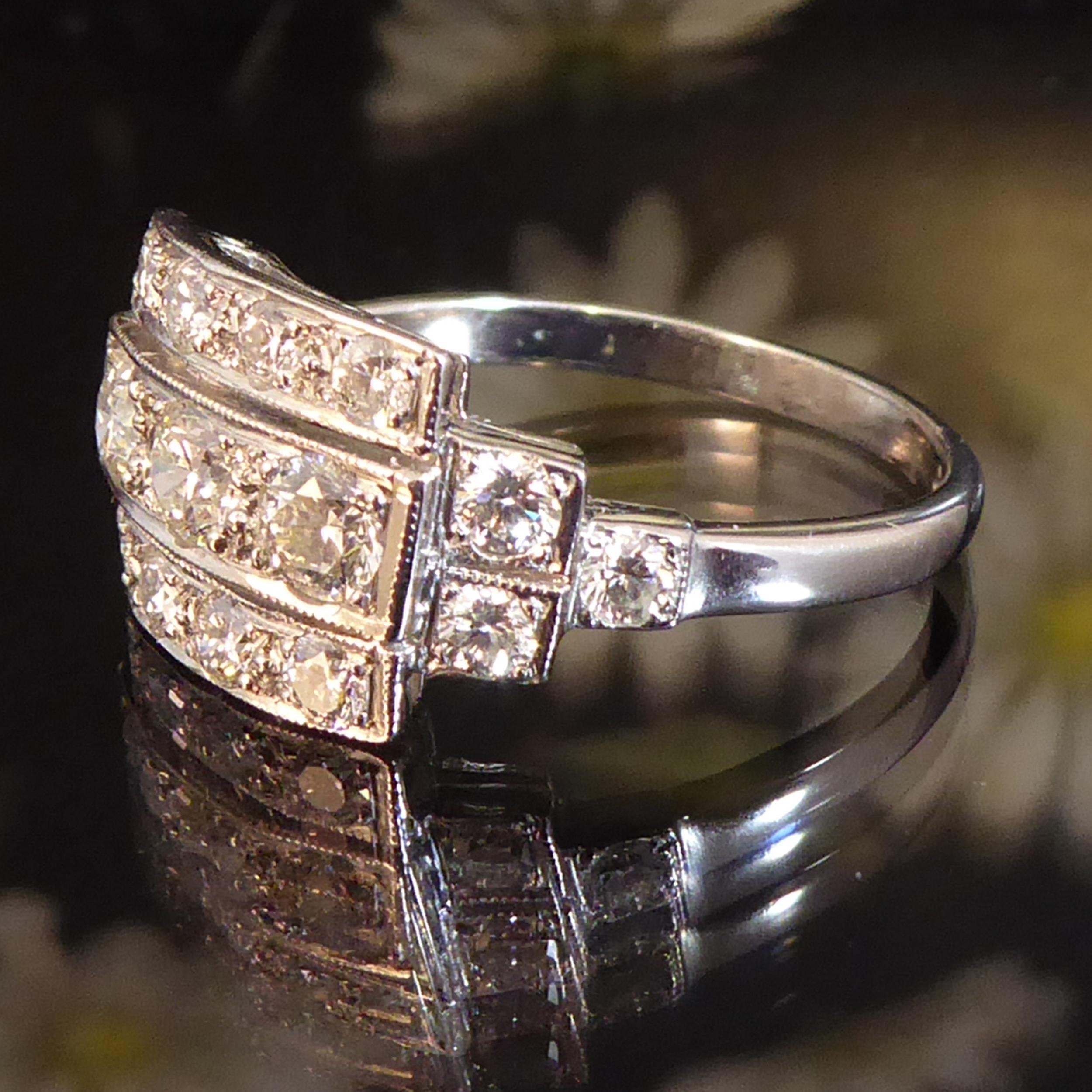 Art Deco 1.07 Carat Diamond Triple-Row Ring, Platinum Band In Good Condition In Yorkshire, West Yorkshire
