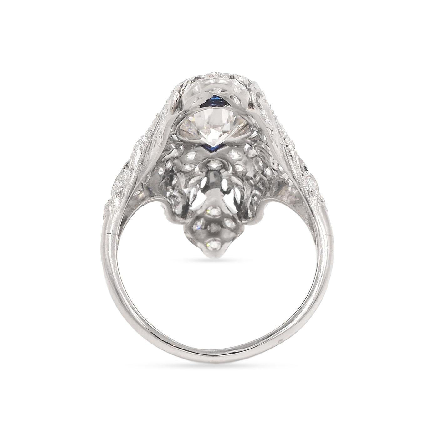 Art Deco 1.07 Carat GIA Transitional Cut Diamond & Sapphire Navette Ring In Excellent Condition For Sale In Los Angeles, CA