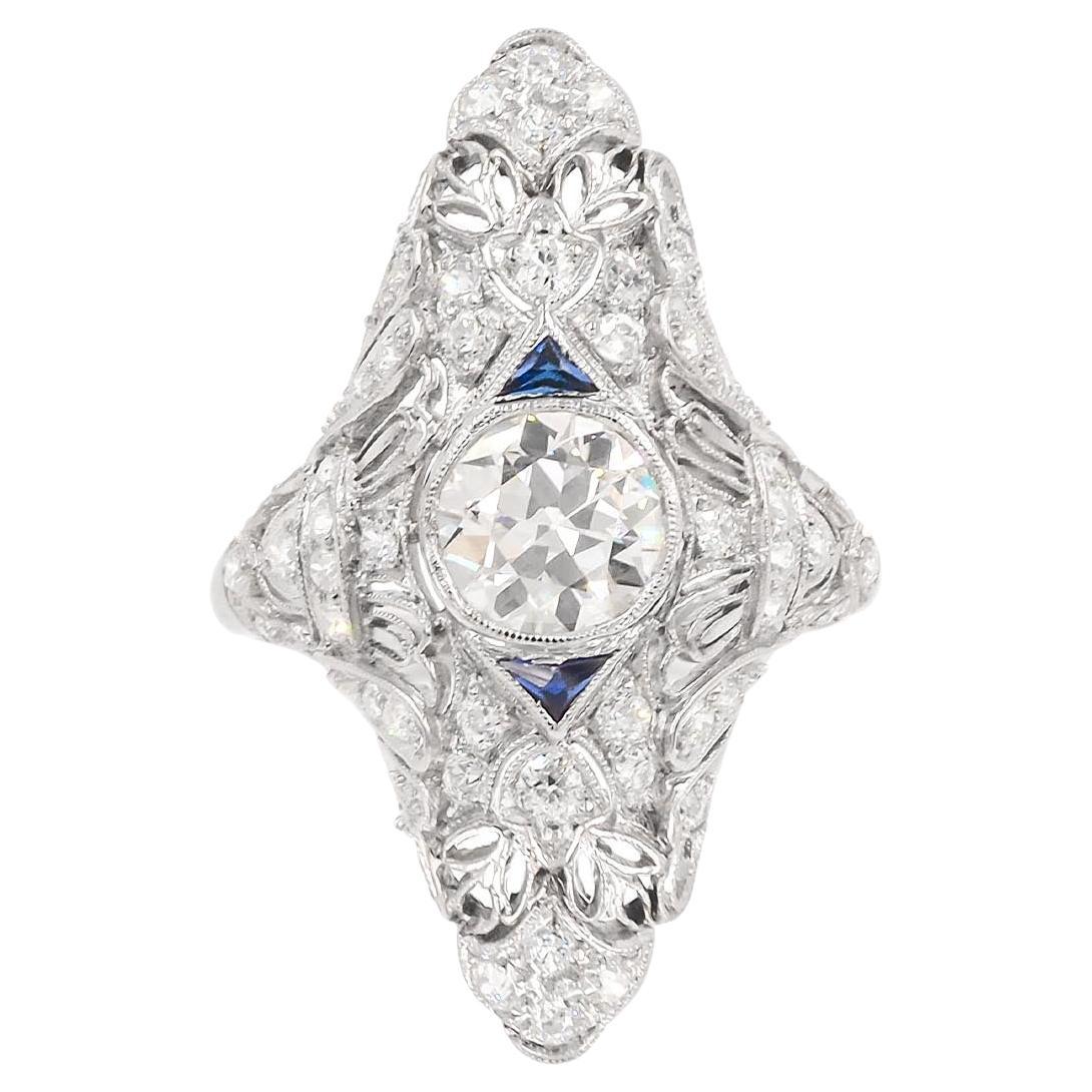 Bague navette Art déco avec diamant taille transitionnelle de 1,07 carat certifié GIA et saphirs en vente