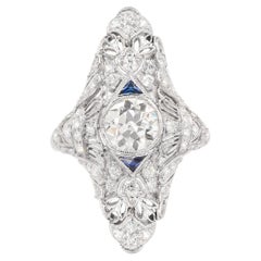Bague navette Art déco avec diamant taille transitionnelle de 1,07 carat certifié GIA et saphirs