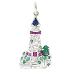 Art Deco 1.07 Carats Diamond Sapphire Emerald Ruby Platinum Lighthouse Charm