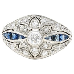 Art Deco 1.08 Carat Old European Cut Diamond Sapphire Floral Bombay Vintage Ring