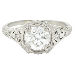Art Deco 1.08 Carats Old European Cut Diamond Platinum Lotus Engagement Ring