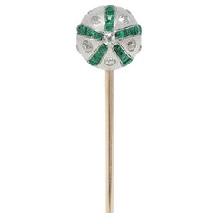 Art Deco 1.08 CTW Diamond Emerald Platinum 14K Gold Vintage Ball Stickpin Art Deco 1.08 CTW Diamond Emerald Platinum 14K Gold Vintage Ball Stickpin