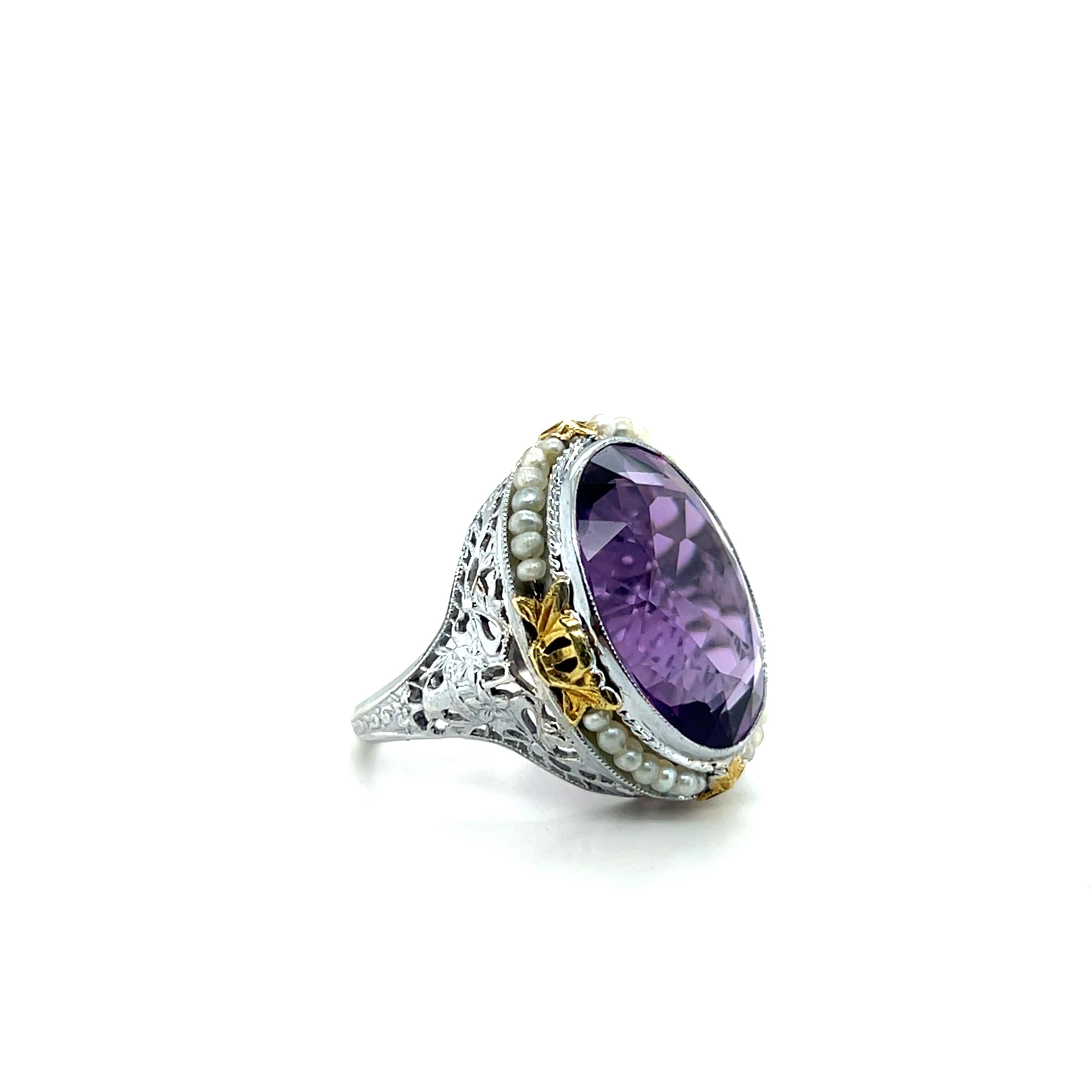 Art Deco 10,83 Karat Amethyst & Seed Pearl 14k Zwei-Ton-Cocktail-Ring 1930er Jahre im Angebot 4