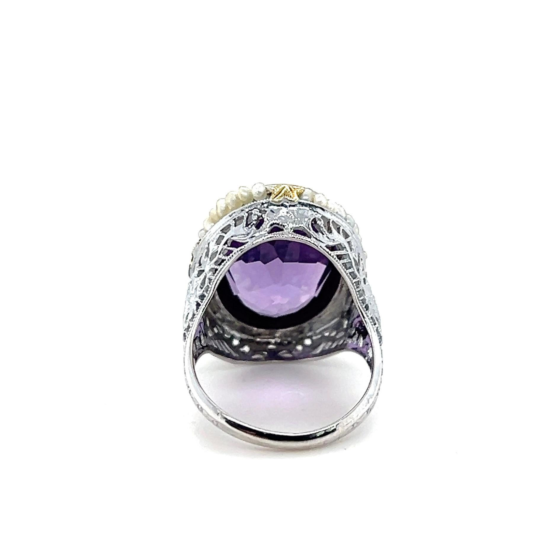 Art Deco 10,83 Karat Amethyst & Seed Pearl 14k Zwei-Ton-Cocktail-Ring 1930er Jahre im Angebot 1