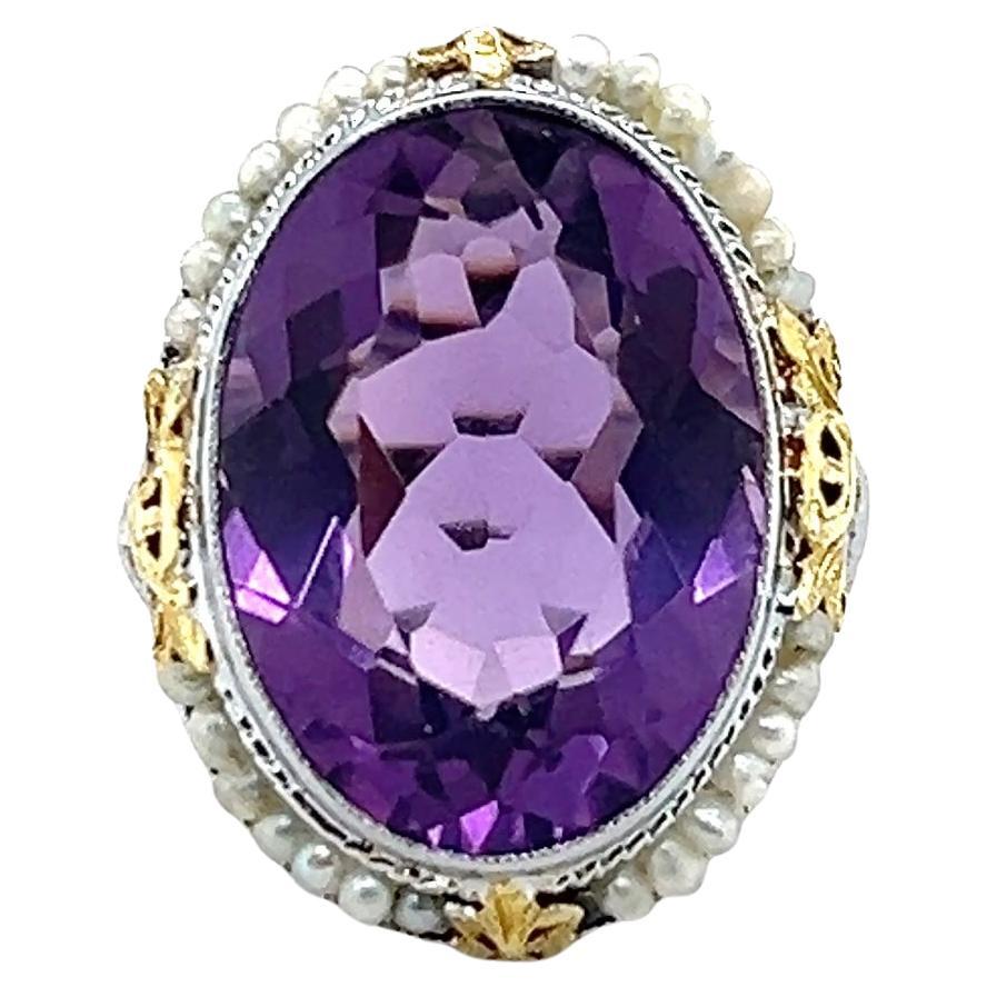 Art Deco 10.83 Carat Amethyst 
Seed Pearl 14k Two Tone Cocktail Ring 1930s
