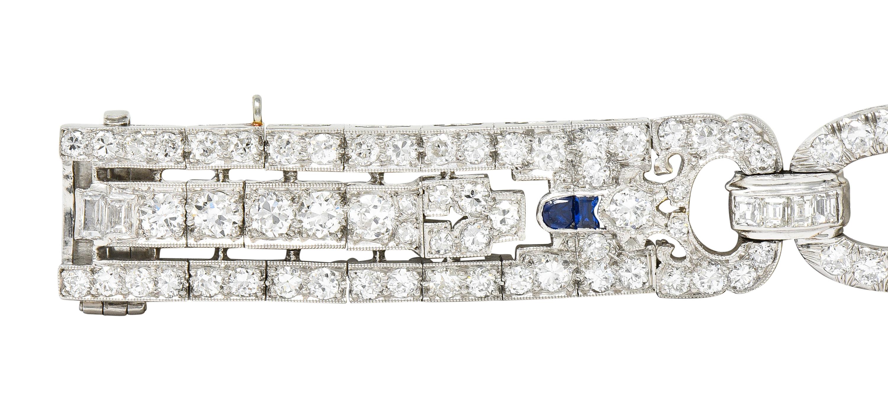 Art Deco 10.85 Carats Baguette Cut Diamond Sapphire Platinum Arrow Line Bracelet 6