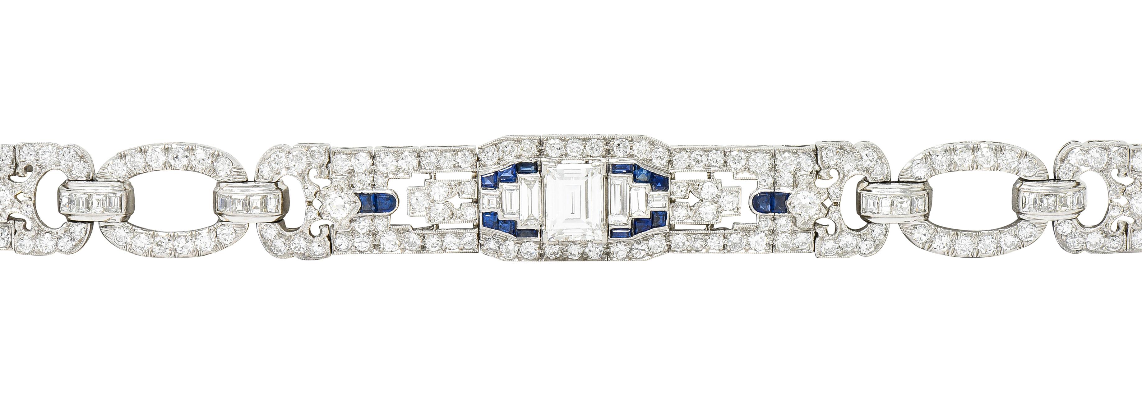 Art Deco 10.85 Carats Baguette Cut Diamond Sapphire Platinum Arrow Line Bracelet 7