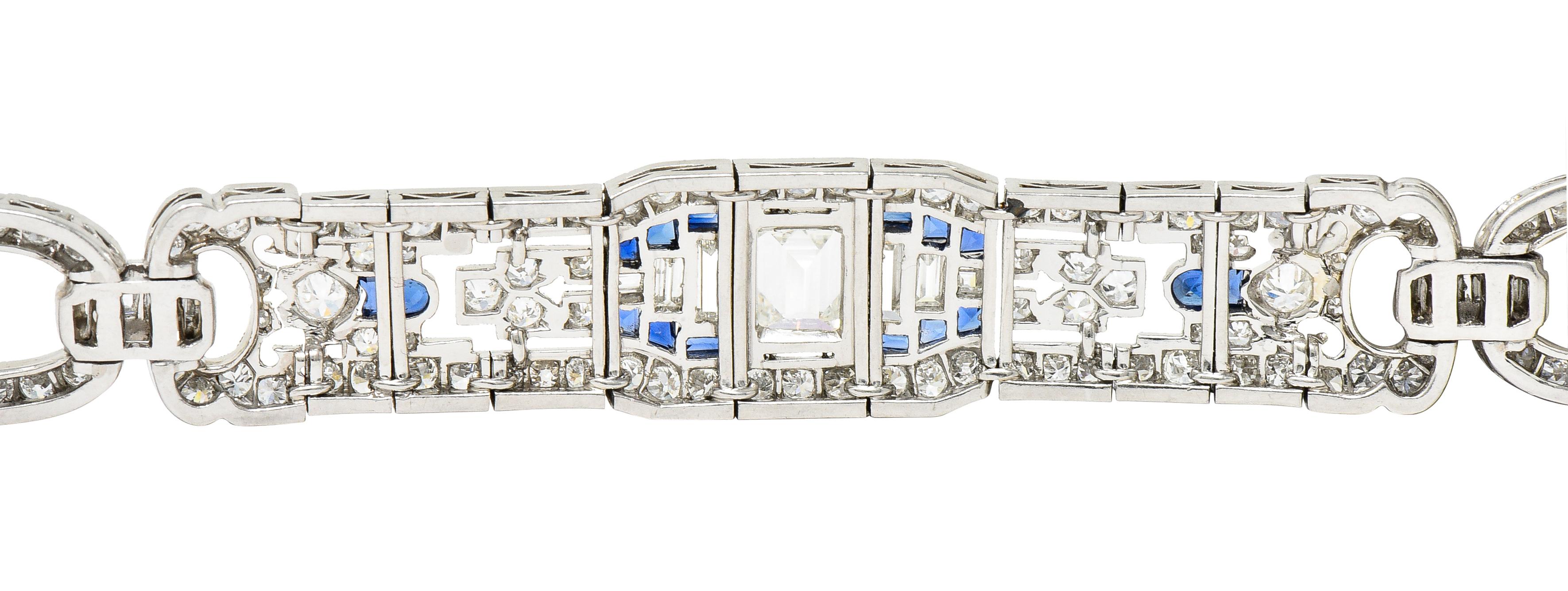 Art Deco 10.85 Carats Baguette Cut Diamond Sapphire Platinum Arrow Line Bracelet 9