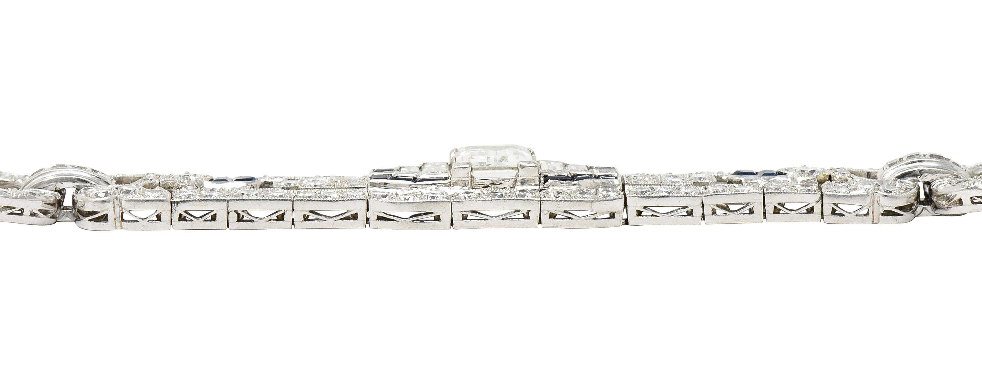 Art Deco 10.85 Carats Baguette Cut Diamond Sapphire Platinum Arrow Line Bracelet 10