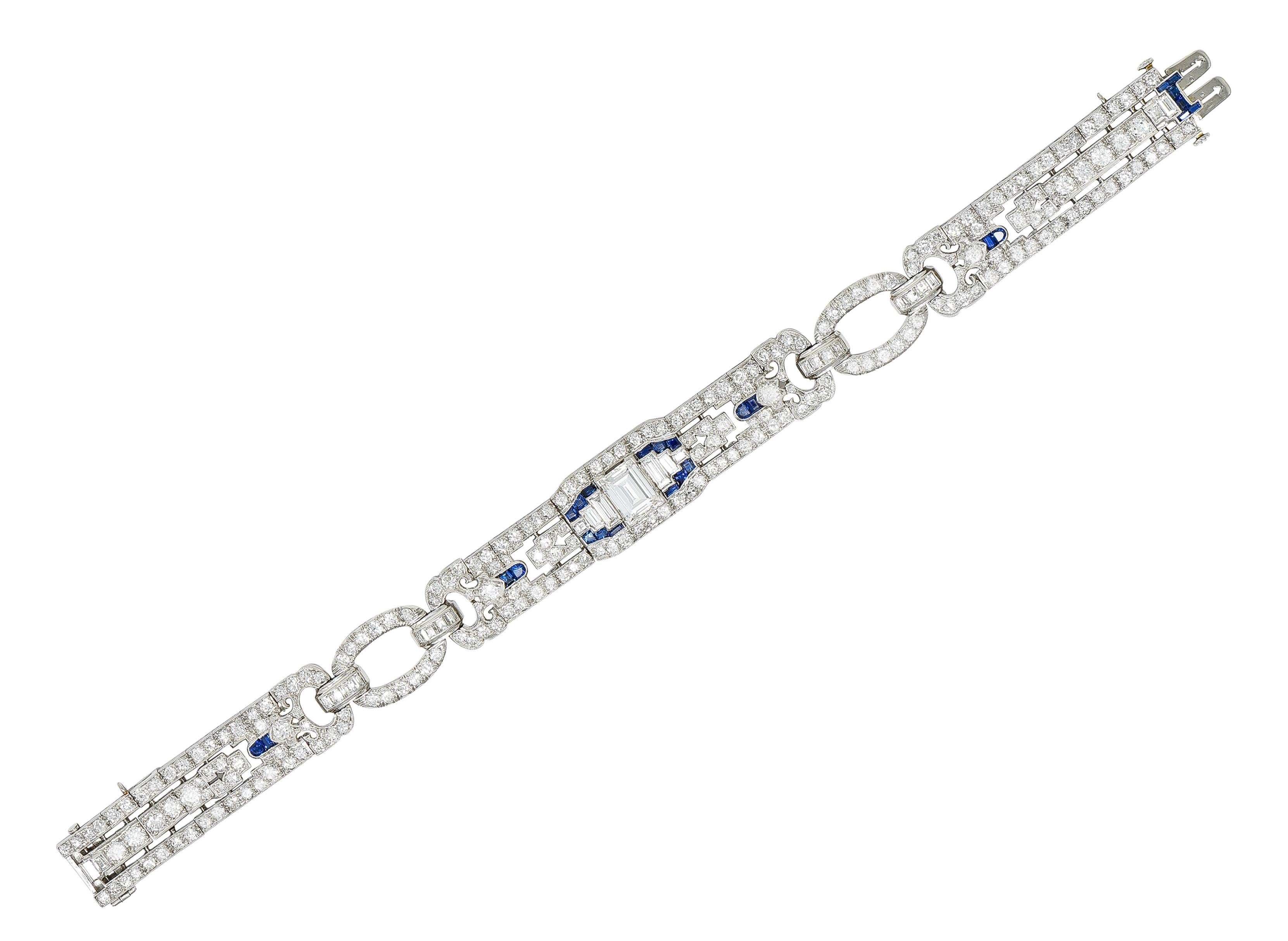 Art Deco 10.85 Carats Baguette Cut Diamond Sapphire Platinum Arrow Line Bracelet 11