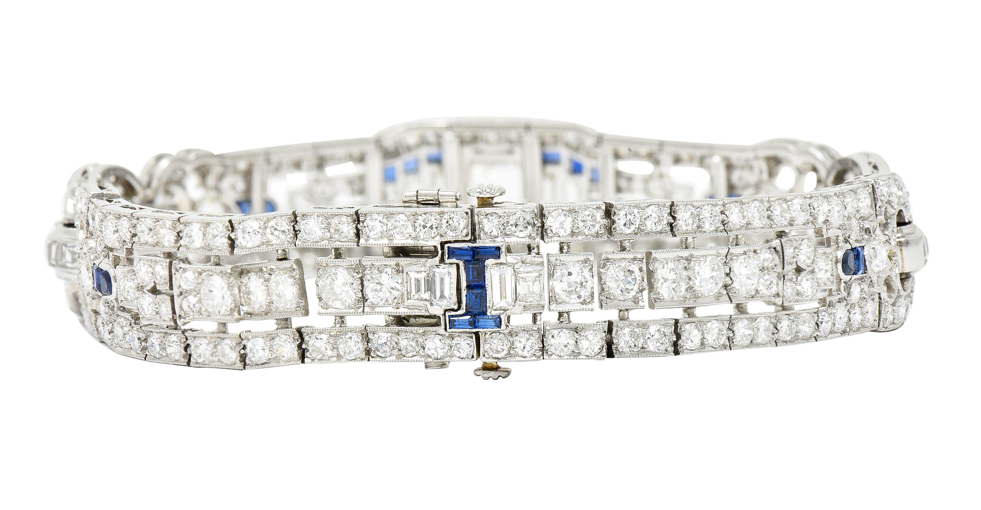 Women's or Men's Art Deco 10.85 Carats Baguette Cut Diamond Sapphire Platinum Arrow Line Bracelet