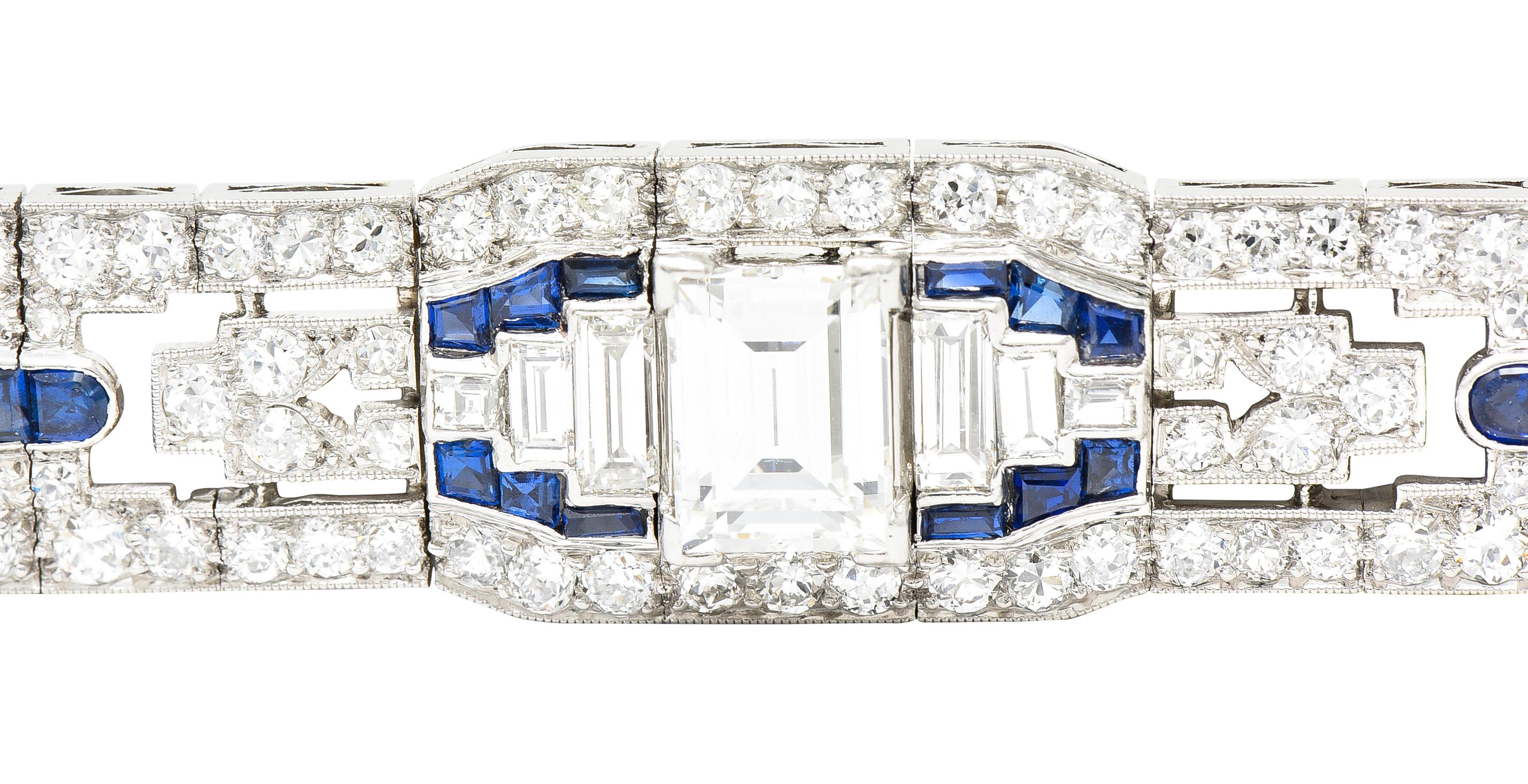 Art Deco 10.85 Carats Baguette Cut Diamond Sapphire Platinum Arrow Line Bracelet 2