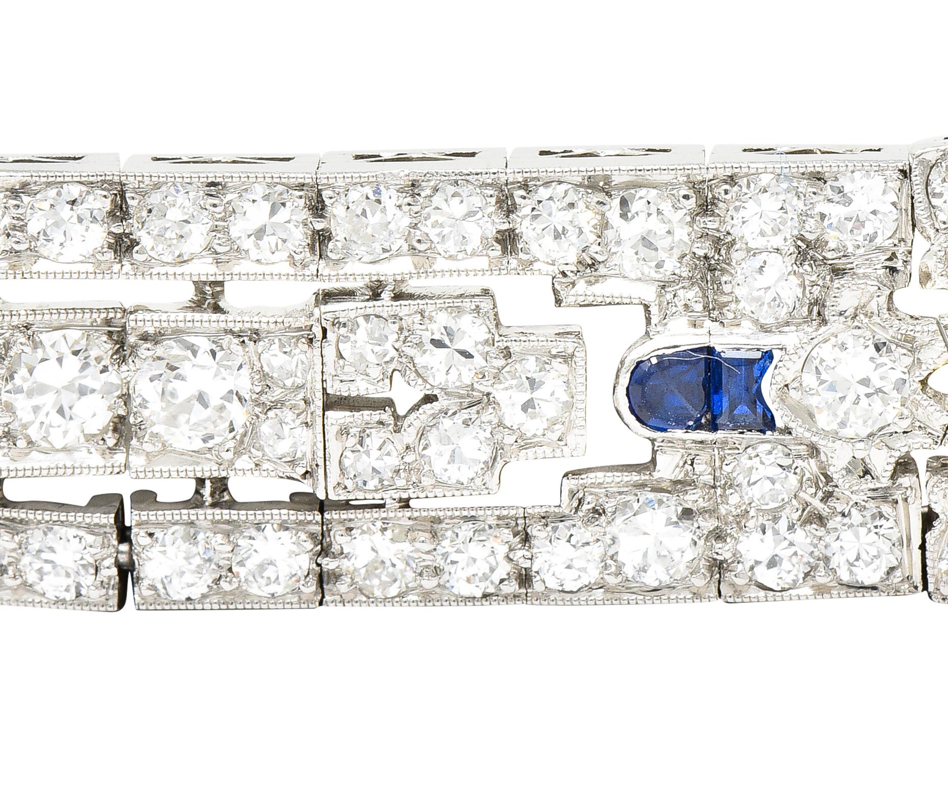 Art Deco 10.85 Carats Baguette Cut Diamond Sapphire Platinum Arrow Line Bracelet 3