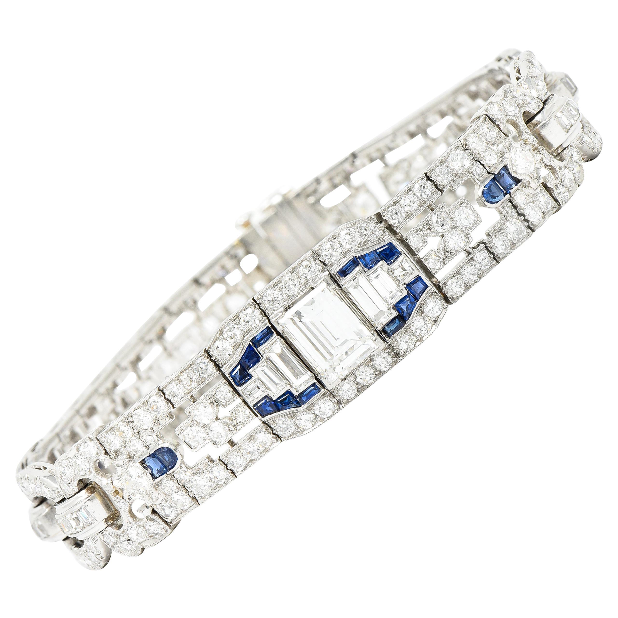 Art Deco 10.85 Carats Baguette Cut Diamond Sapphire Platinum Arrow Line Bracelet