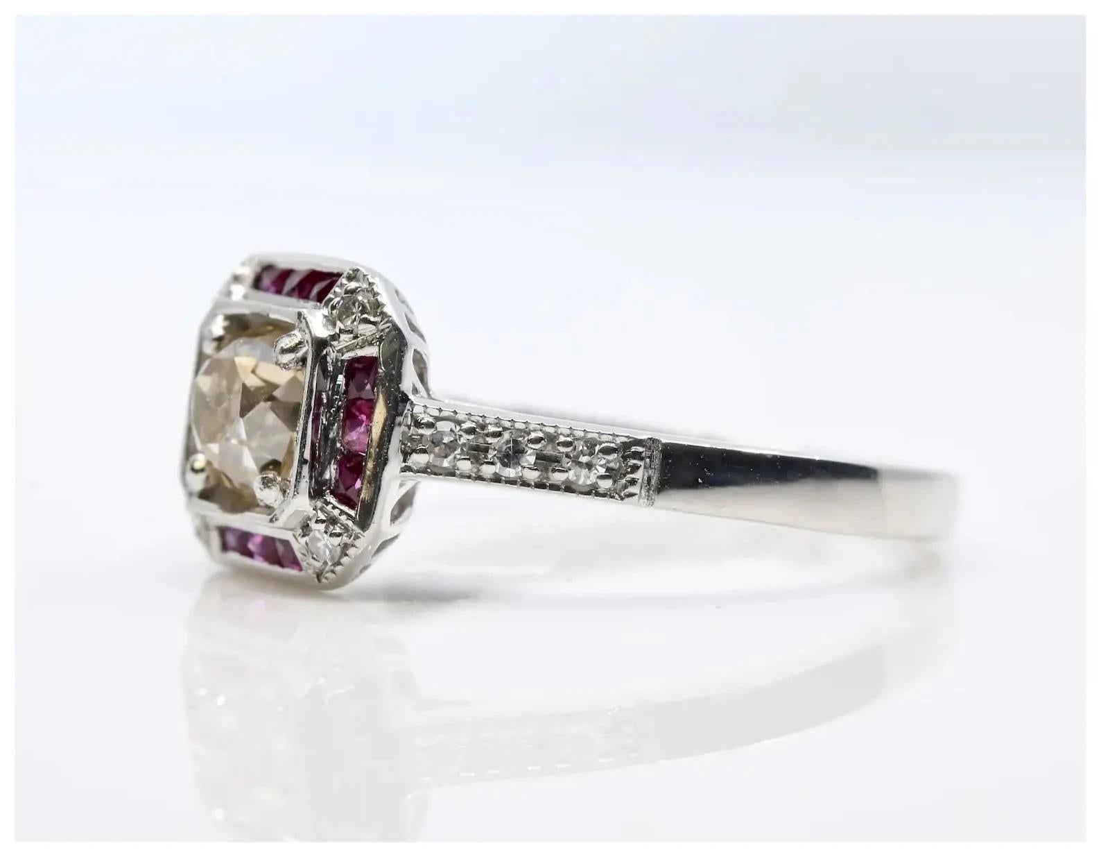 Old Mine Cut Art Deco 1.08ctw Champagne Diamond & Ruby Engagement Ring in Platinum For Sale
