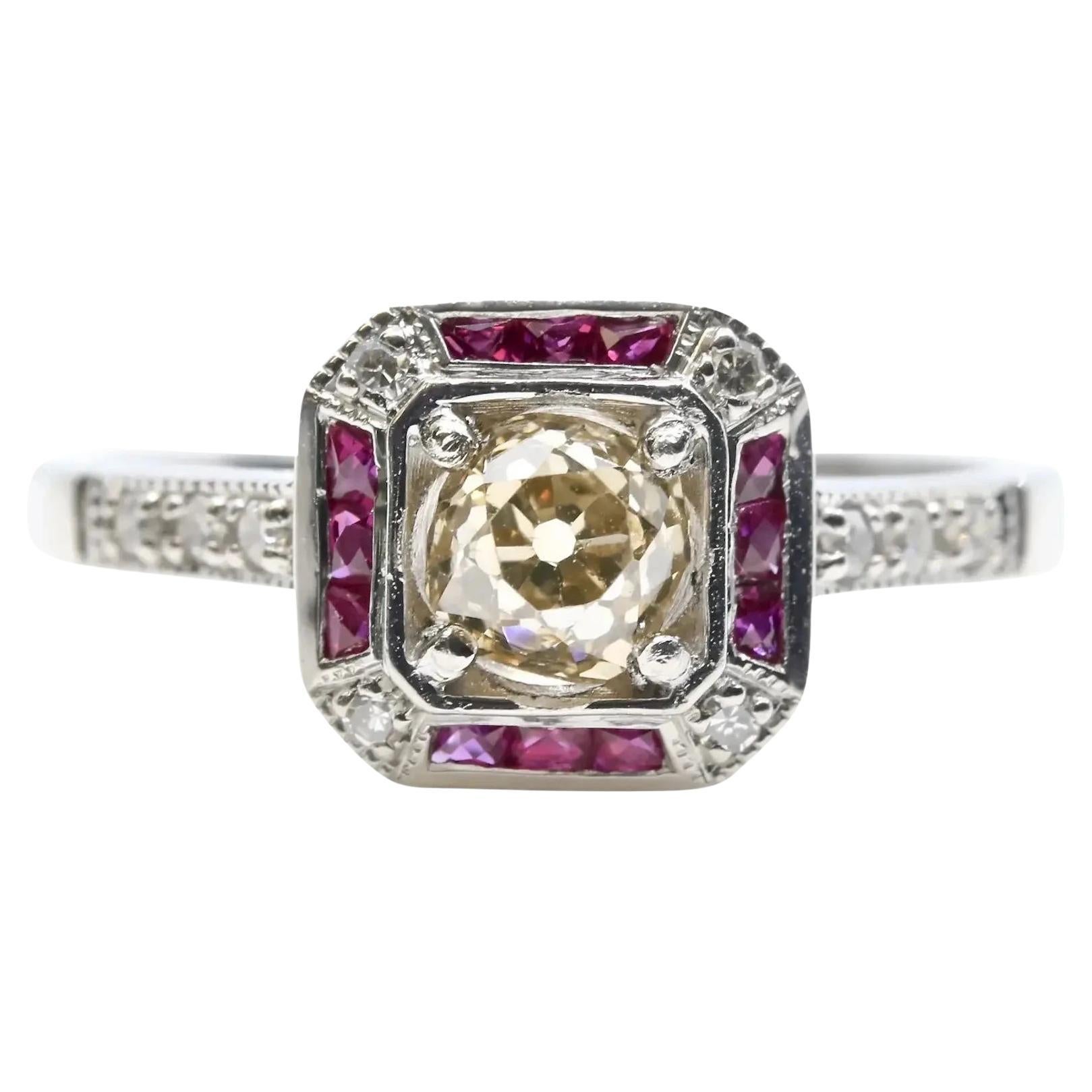 Art Deco 1.08ctw Champagne Diamond & Ruby Engagement Ring in Platinum For Sale