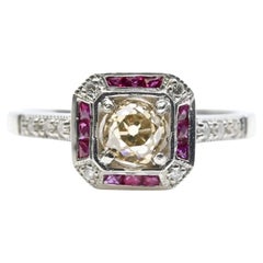 Art Deco 1.08ctw Champagne Diamond & Ruby Engagement Ring in Platinum
