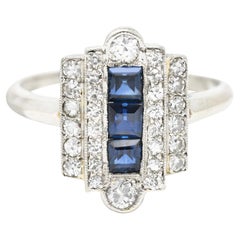 Art Deco 1.09 Carats Square Step Cut Sapphire Diamond 14 Karat White Gold Ring