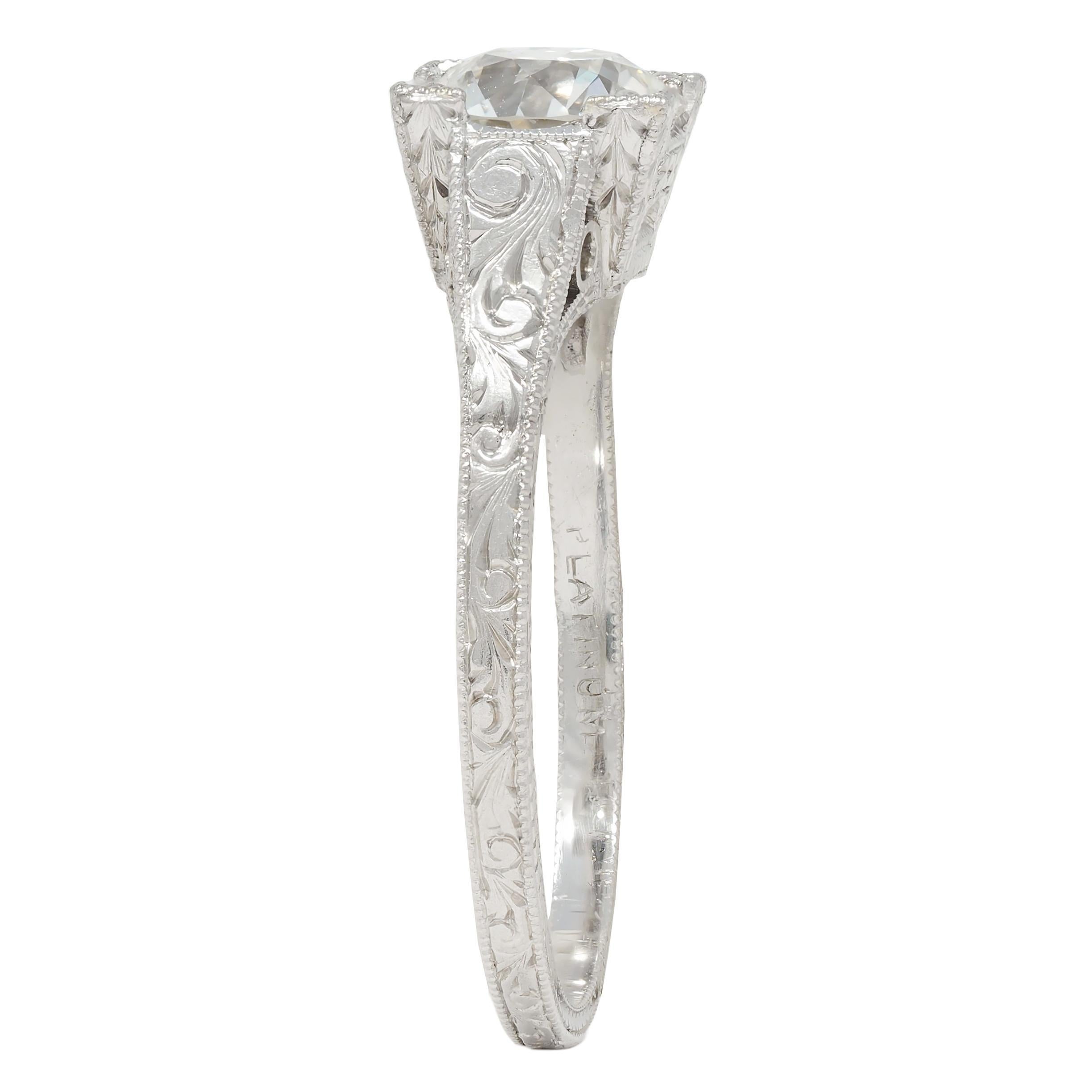 Art Deco 1.09 CTW Diamond Platinum Scroll Engraved Vintage Engagement Ring GIA 5